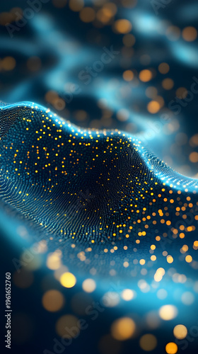 Abstract blue and gold wave pattern with glowing particles, creating a dynamic digital landscape effect