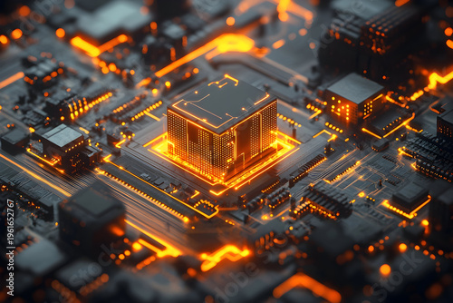 Aerial view of a futuristic circuit board illuminated with orange lights, showcasing advanced technology in action