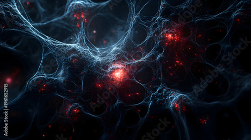 Abstract depiction of interconnected cells with glowing red centers against a dark, ethereal background