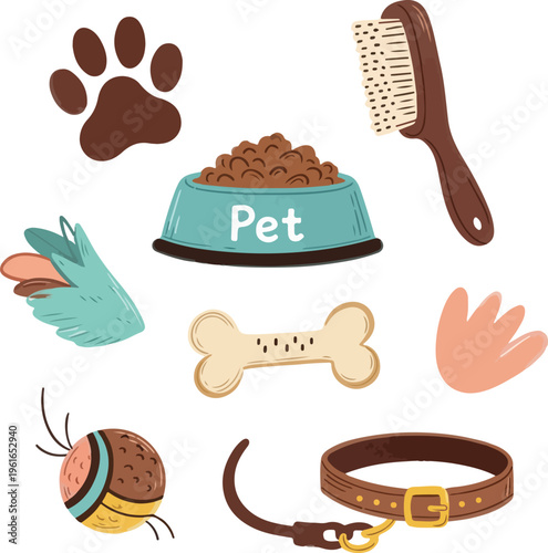 Pet Care Supplies Set with Food Bowl, Collar, Grooming Brush, and Toys for Domestic Animals on White Background