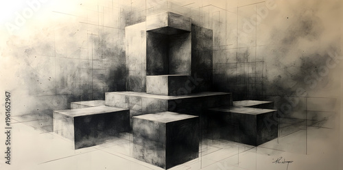 Abstract charcoal drawing of geometric blocks arranged in a three-dimensional space, evoking depth and structure