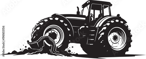 Tractor Plowing Field in Black and White Illustration Style