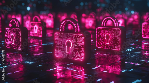 Futuristic digital landscape featuring glowing pink locks symbolizing cybersecurity and data protection