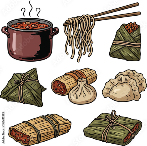 Asian Traditional Food Collection for Dragon Boat Festival, Zongzi Sticky Rice Dumplings, Noodles, and Dim Sum Illustration Set