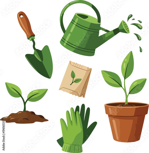 Gardening Tools and Young Plant Concept for Earth Day and Spring Season
