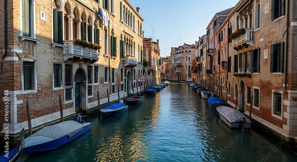 Obraz premium Picturesque morning view of traditional wooden watercraft moored along a narrow waterway flanked by ancient Italian architecture and colorful historic houses in Venice, Italy.