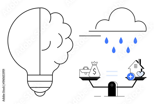 Financial balance concept. Brainstorming and financial equity ed with lightbulb, cloud, and balancing scale. Financial balance for saving, insurance, sustainability, investments, innovation