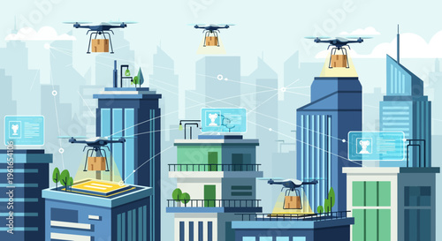 Delivery Drones Flying Over a Modern City Skyline, Delivering Packages to Rooftops and Buildings