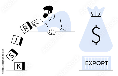 Businessman addressing and managing falling risk blocks while seeking export profit symbolized by money bag. Ideal for finance strategy, risk management, international trade, planning, economic