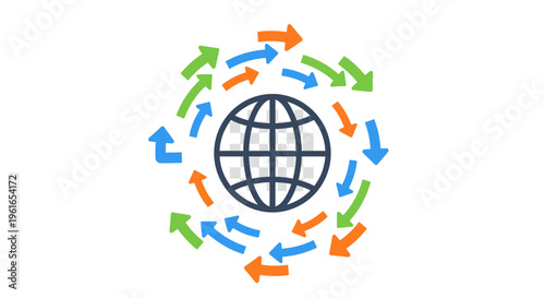 Dynamic global exchange with arrows encircling the world, representing interconnected digital networks, data flow, and worldwide communication