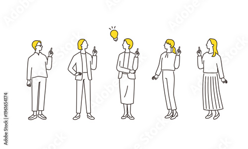 納得する女性ビジネスチームの線画イラストセット