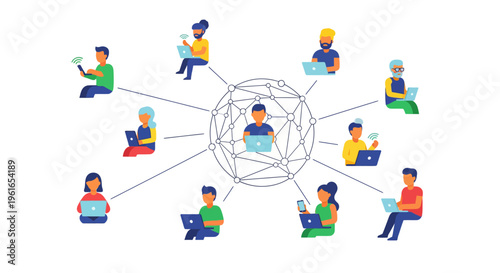 Diverse individuals connecting globally through digital devices, forming a vast network for communication and collaboration for a modern digital infrastructure