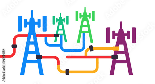 Simplified diagram of a modern digital communication network, showcasing interconnected colorful transmission towers and global signal flow