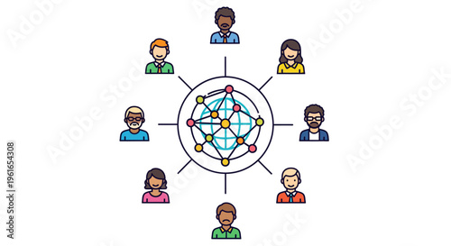 Diverse global community networking, illustrating interconnected people collaborating worldwide through digital communication and social platforms