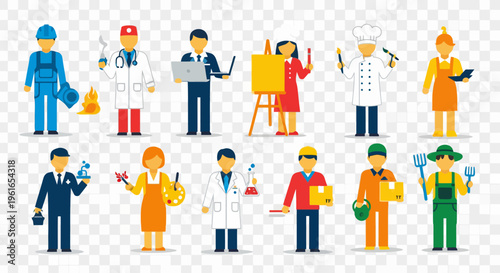 Dynamic flat design icons representing diverse professional occupations and career roles crucial for business growth and a strong economy
