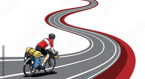 Cyclist on winding road. Bikepacker illustration. Journey and adventure concept.