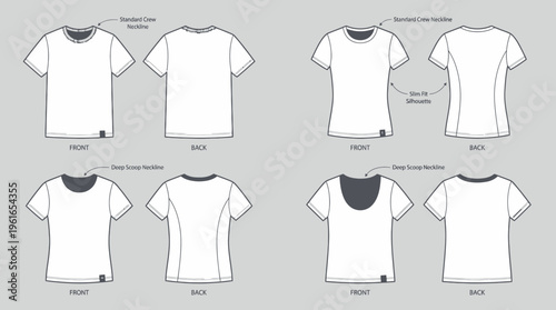 Technical flat sketches of unisex white t-shirts showing front and back views with crew and deep scoop necklines, representing apparel design development, illustrating garment manufacturing