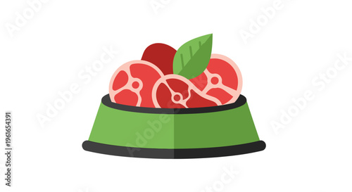 Green bowl with raw meat chunks.