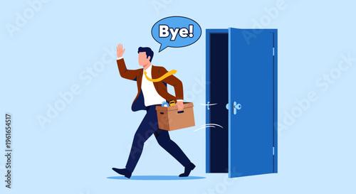 A confident professional carrying a packed cardboard box walks away from an open blue door while waving his hand, signaling his departure from the workplace with a speech bubble explicitly saying Bye