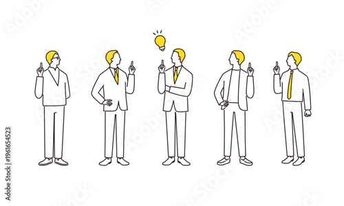 問題が解決した男性ビジネスチームの線画イラストセット