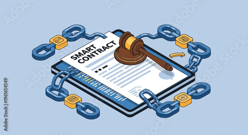 Sealed contract with gavel on tablet.