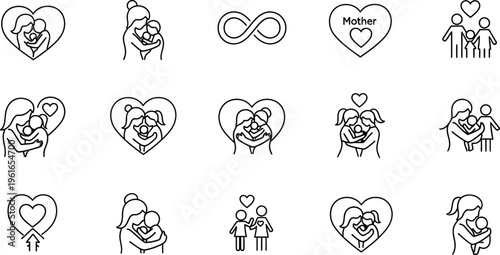 Mother and Child Love Heart Line Art Symbols Set for Mother's Day