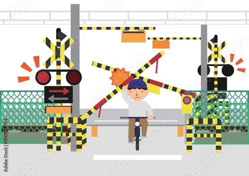下がりかけた遮断機を手で持ち上げて無理矢理通る危険な自転車の踏切強行突破のイラスト