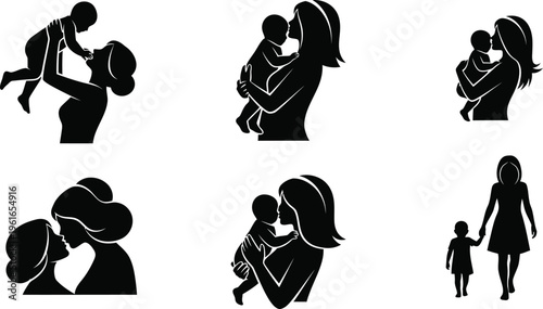 Mother and Child Silhouette Vector Set for Mother’s Day Greeting Card Design
