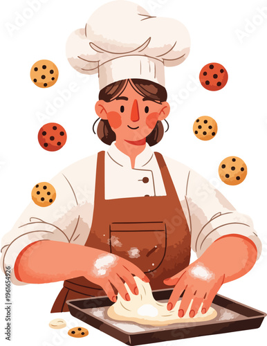 Young Woman Pastry Chef Kneading Dough for Homemade Cookies on Baking Sheet, Baking Concept Illustration
