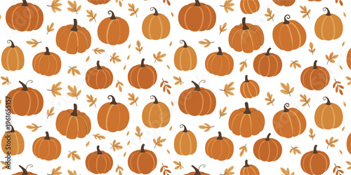 Pumpkin seamless pattern with leaves, autumn harvest festive background illustration design