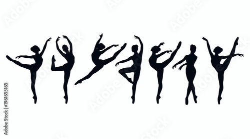Set of elegant female ballet dancer silhouettes performing dynamic dance poses isolated on white background, representing artistic performance and symbolizing grace in theater posters