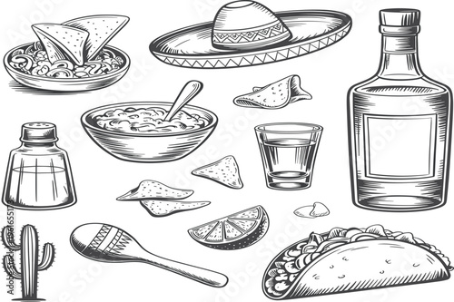 Mexican food vector sketch set with tacos, nachos, tequila, sombrero, and maracas for restaurant menu