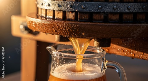 Fresh Squeezed Juice Pouring From Traditional Wooden Press Into Glass Pitcher