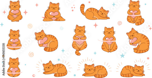 Cute Cat Love Yoga Pose Collection with Cartoon Kittens Holding Hearts Meditating Relaxing and Sleeping for Wellness Mindfulness and Adorable Character Design