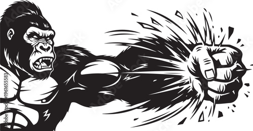 Angry gorilla punching with a powerful aggressive muscular fist