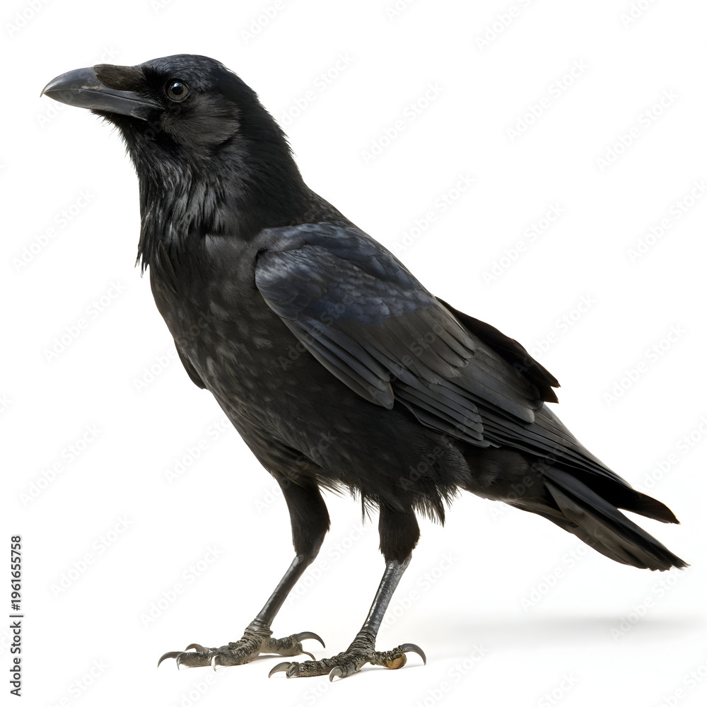 Fototapeta premium A black raven standing on a white background profile view