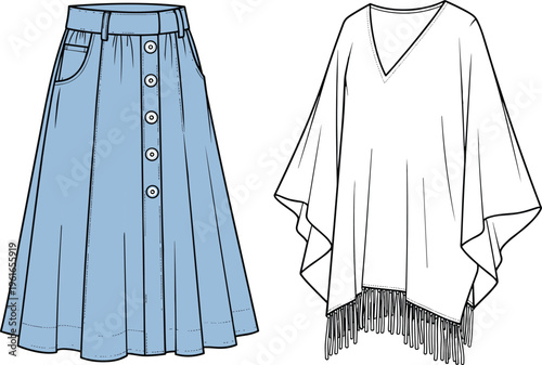 Women fashion clothing vector illustration set with button front skirt and loose poncho blouse design, stylish apparel collection isolated on white background