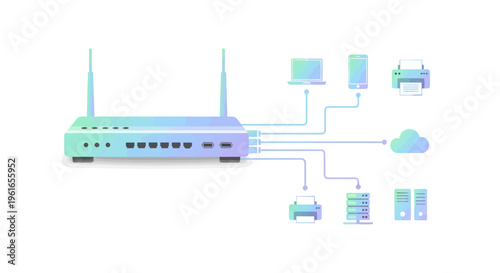 Modern Network Router Connecting Devices and Cloud Services