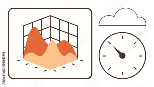 Data analysis, time tracking, project planning, business analytics, cloud storage, 3D visualization. Includes a 3D graph, a clock and a cloud icon. Data analysis and time tracking concept