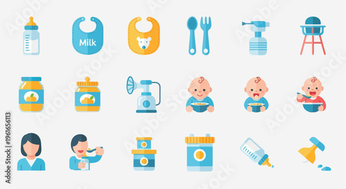 Baby Feeding Icons Set: Bottles, Bibs, Food Jars, Pump, Highchair, Utensils