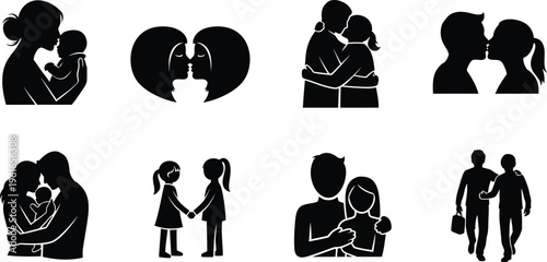 Silhouette illustrations of couples in various romantic and intimate poses and relationships