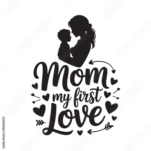 A mother tenderly kissing her child on the cheek surrounded by hearts and arrows in a loving illustration.