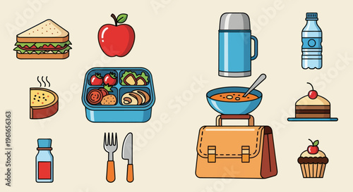 Healthy School Lunchbox & Food Items Flat Icon Set