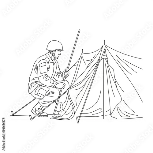 Man Kneeling Beside Tent Illustration.
