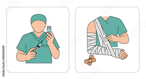 Doctor with syringe and patient arm with bandage and cast - medical illustration