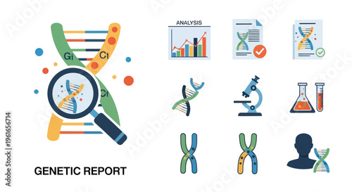 Genetic Report DNA Analysis Icons Set: Helix, Microscope, Lab, Chart, Chromosomes, Profile