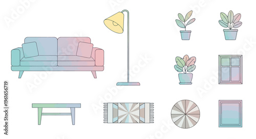 Modern Living Room Elements: Sofa, Plants, Lamp, Rug, Table, Window, Square