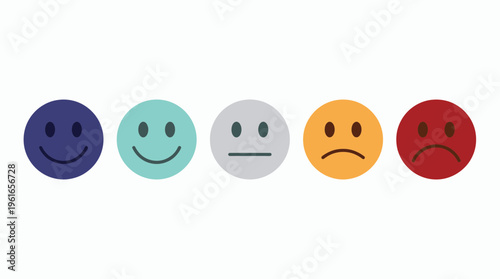 row of five colorful circular emoji faces showing range of expressions from happy to sad on white background, symbolizing customer satisfaction survey or user experience feedback rating system