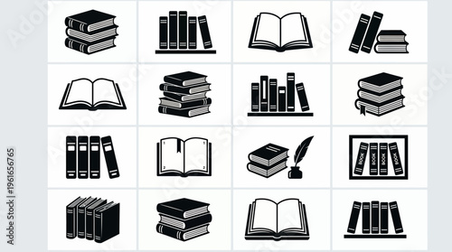 Collection of diverse black and white book icons featuring stacked volumes and open pages on a white background, representing educational resources, symbolizing academic library research