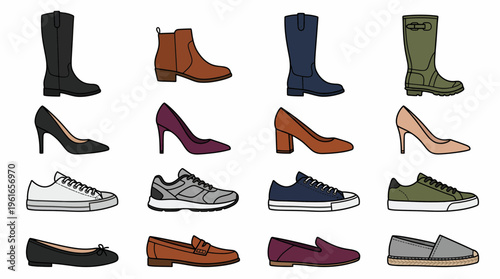 Collection of diverse footwear icons including high heels boots sneakers and flat shoes in various colors, illustrating fashion retail variety and providing lifestyle shopping choices